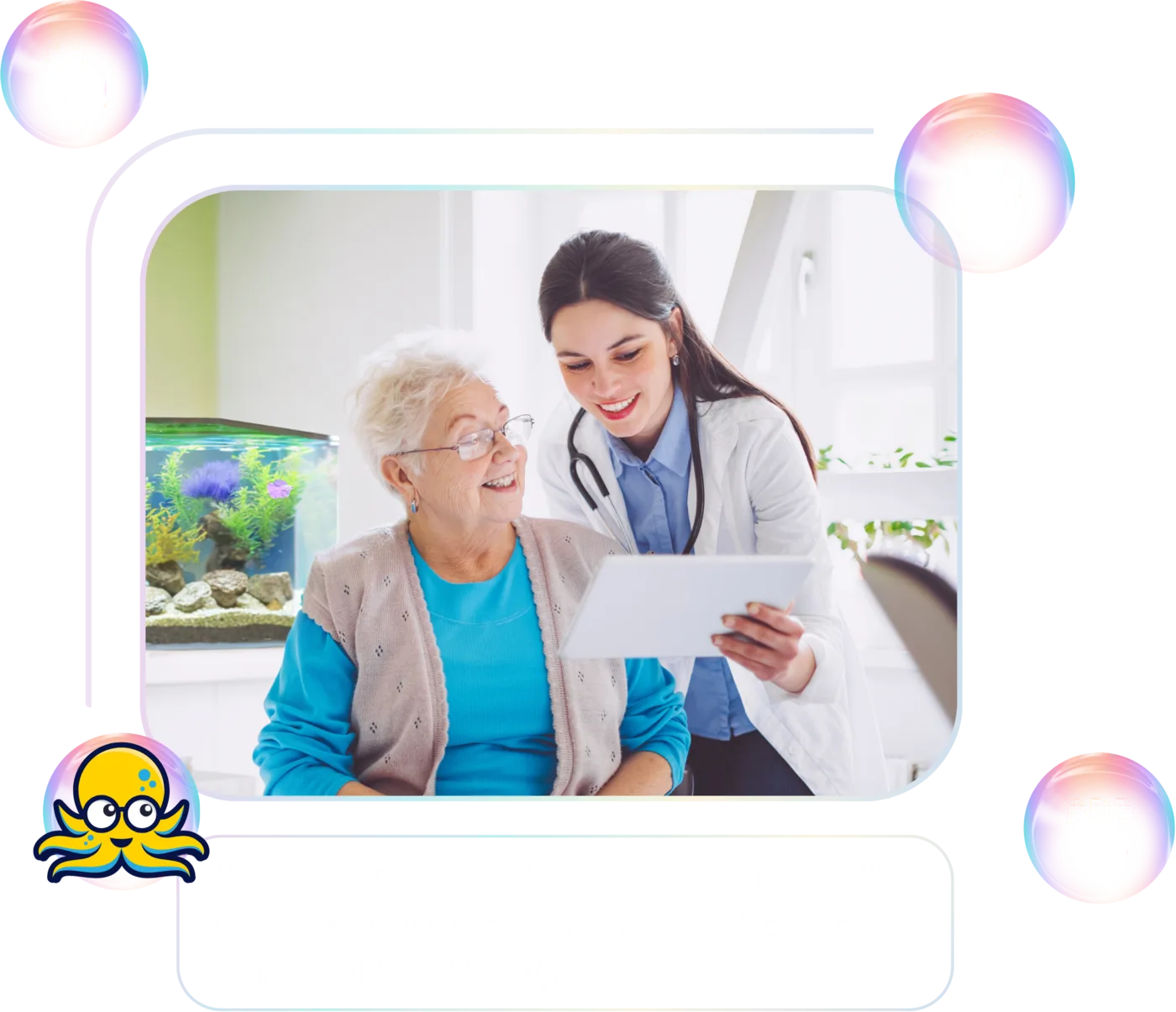 A clinician reviewing a chart on a tablet with a patient, framed by the Ozwell mascot